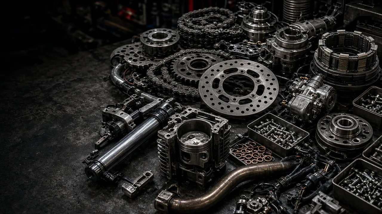 FCDC Motor motorcycle parts bench with brake discs, sprockets, chain and engine components
