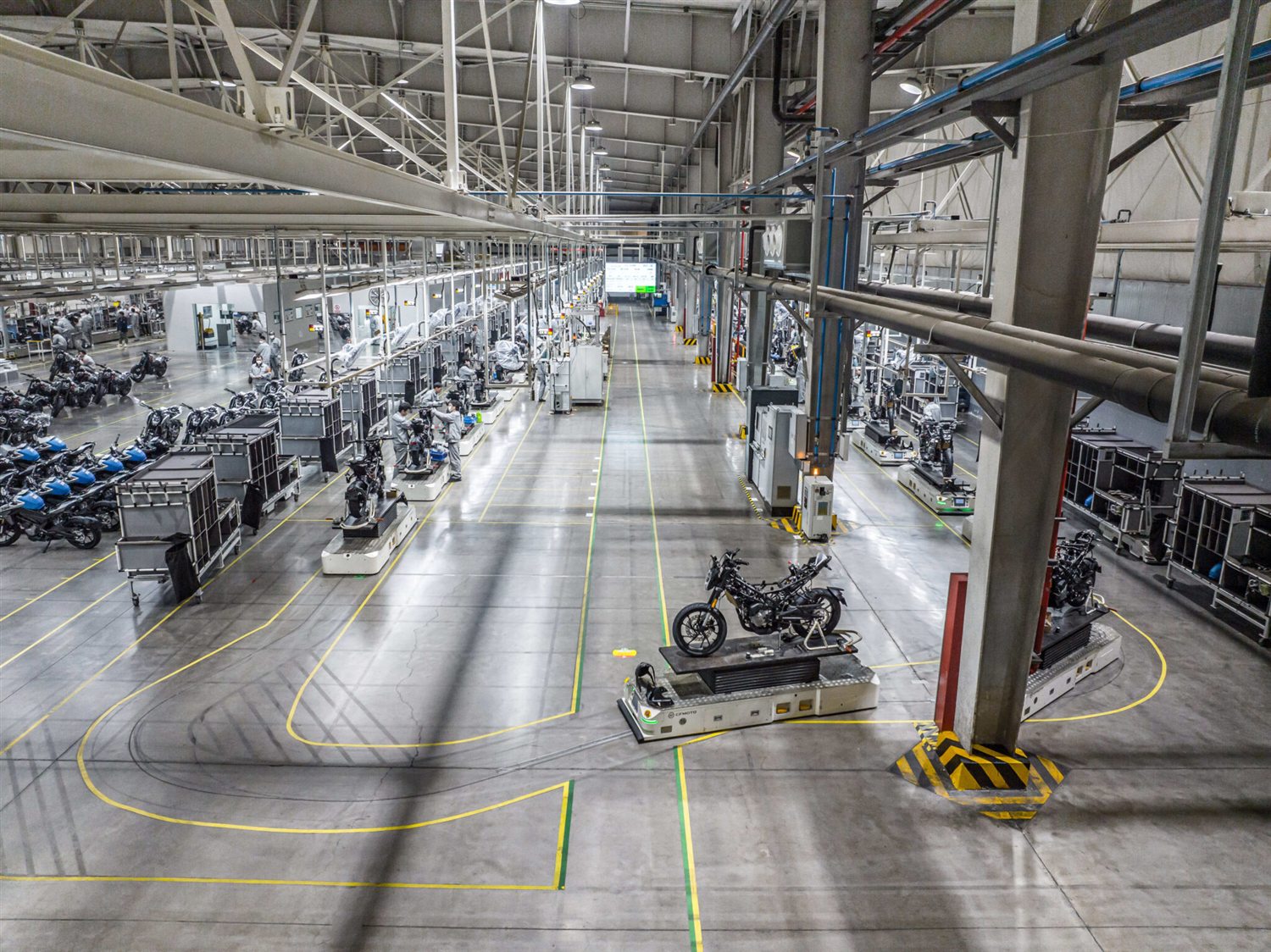 FCDC Motor wide motorcycle final assembly floor with production stations and vehicles in progress