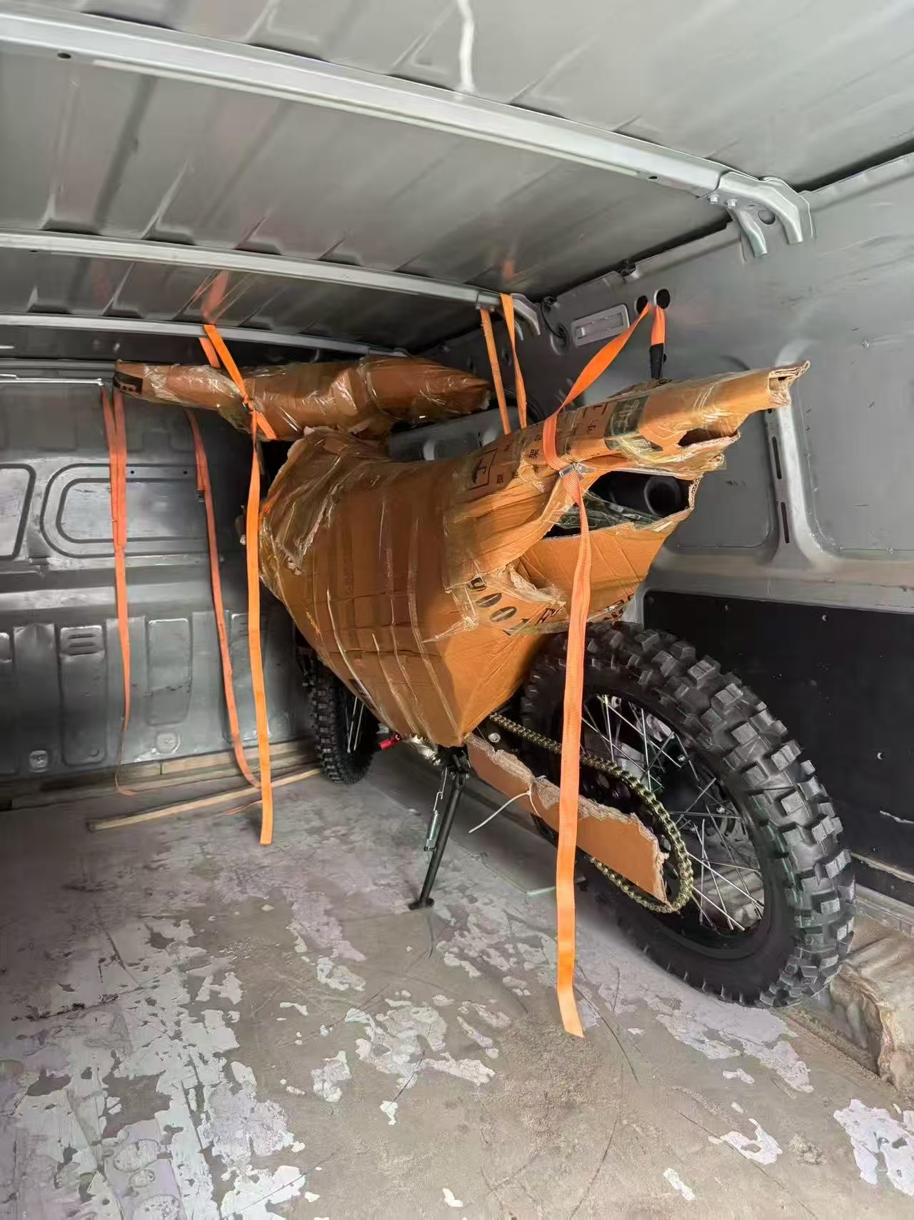 Packed motorcycle ready for export shipment