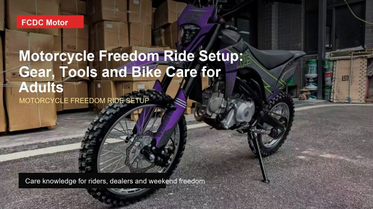 FCDC Motor motorcycle freedom ride setup visual reference for youthful freedom, adult responsibility, travel-ready motorcycles