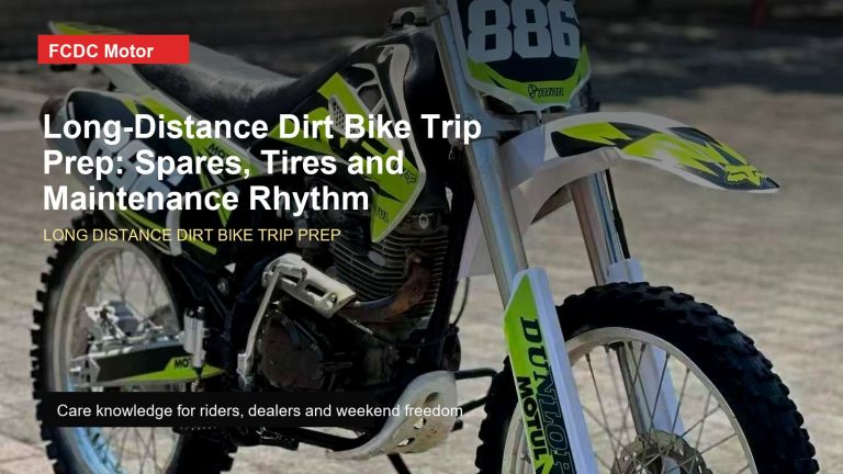 FCDC Motor long distance dirt bike trip prep visual reference for motorcycle travel, export-ready reliability, spare parts planning